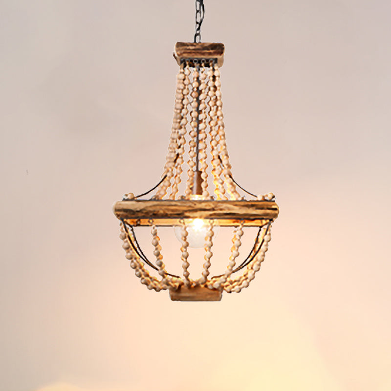 Wood Beaded Brown Hanging Light Basket 1 Light Traditional Suspended Lighting Fixture