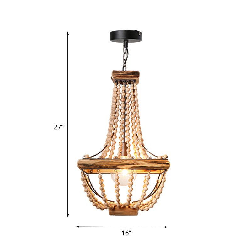 Wood Beaded Brown Hanging Light Basket 1 Light Traditional Suspended Lighting Fixture