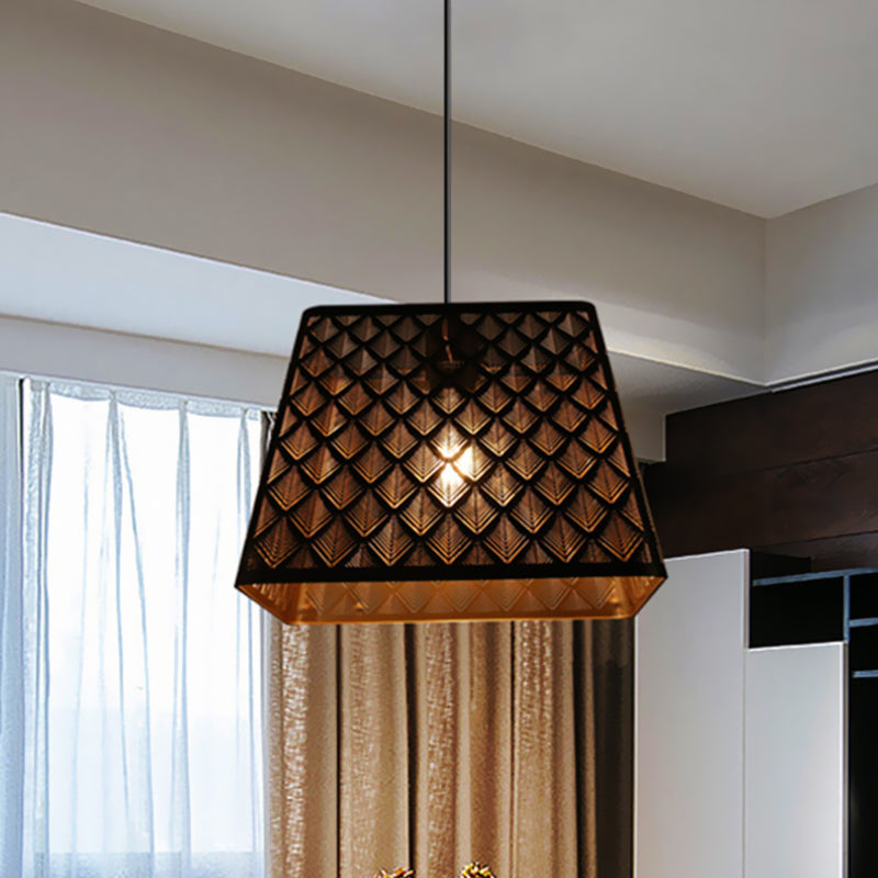 Single Trapezoidal Trellis Cage Pendant Industrial Black Iron Ceiling Suspension Lamp