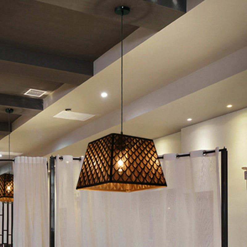 Single Trapezoidal Trellis Cage Pendant Industrial Black Iron Ceiling Suspension Lamp