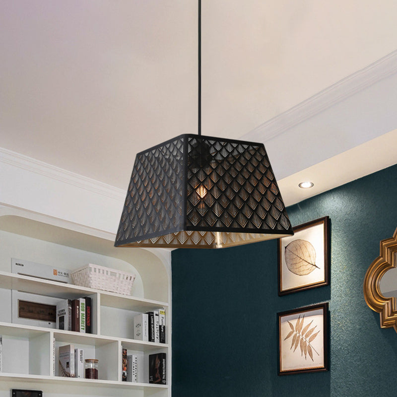 Single Trapezoidal Trellis Cage Pendant Industrial Black Iron Ceiling Suspension Lamp