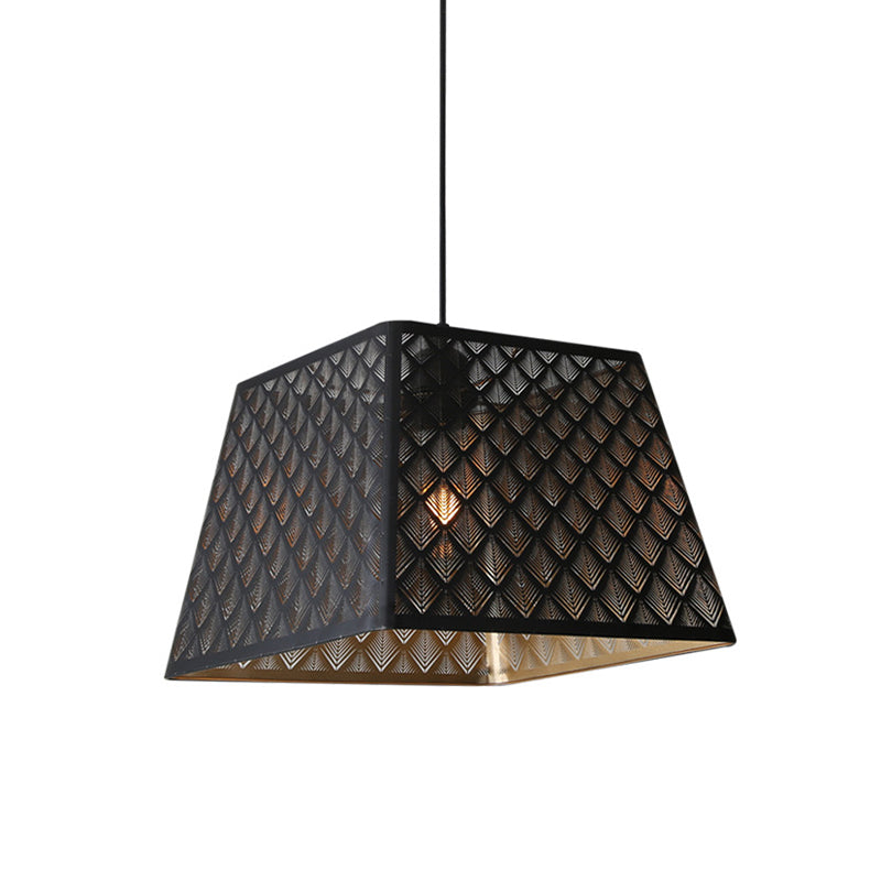 Single Trapezoidal Trellis Cage Pendant Industrial Black Iron Ceiling Suspension Lamp