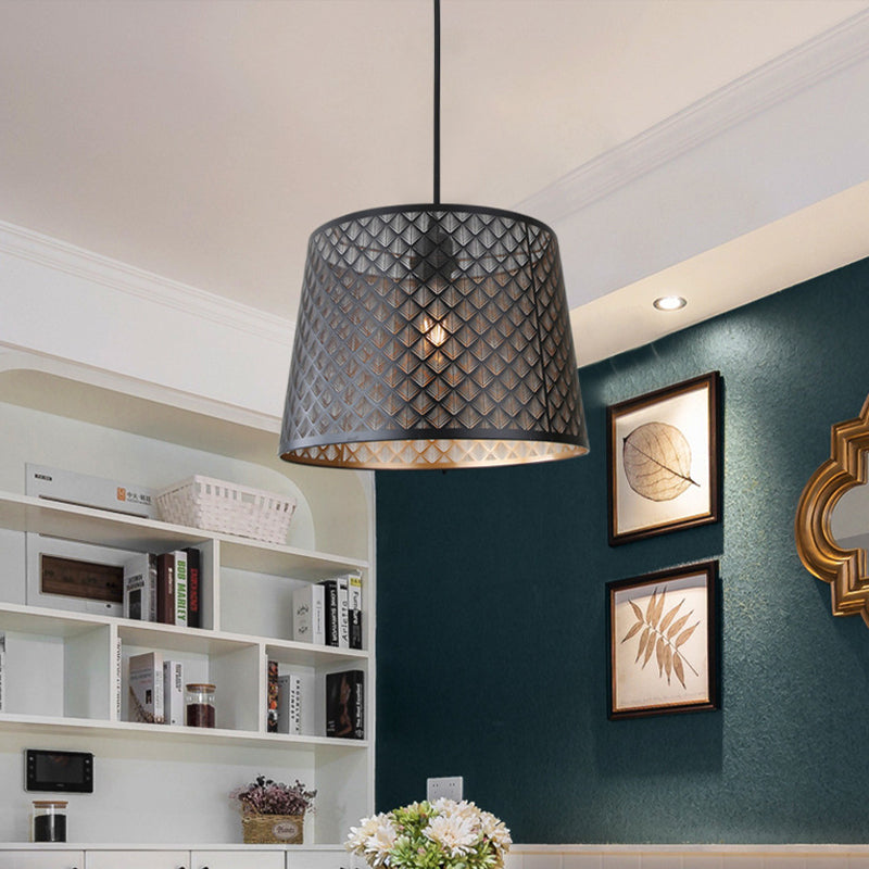 Mission X-Cage Drop Lamp Single Bulb Metallic Hanging Ceiling Light with Truncated Cone Shade in Black