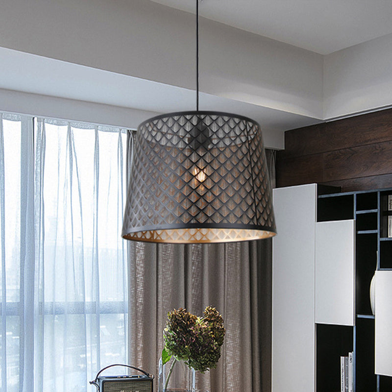 Mission X-Cage Drop Lamp Single Bulb Metallic Hanging Ceiling Light with Truncated Cone Shade in Black