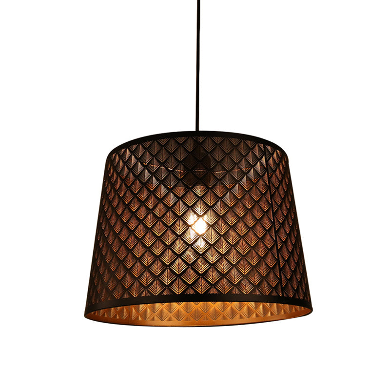 Mission X-Cage Drop Lamp Single Bulb Metallic Hanging Ceiling Light with Truncated Cone Shade in Black