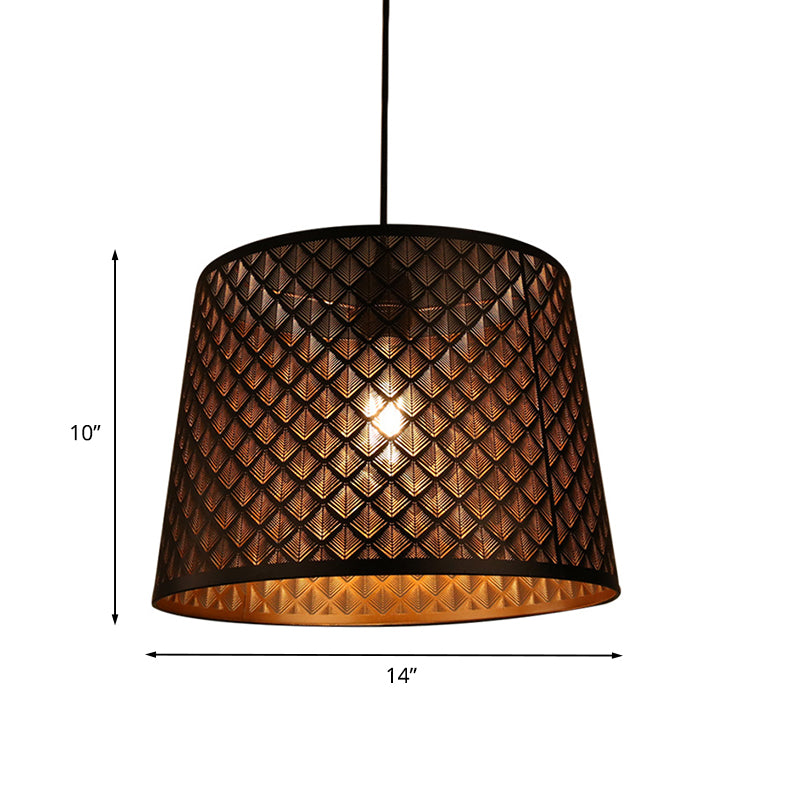 Mission X-Cage Drop Lamp Single Bulb Metallic Hanging Ceiling Light with Truncated Cone Shade in Black