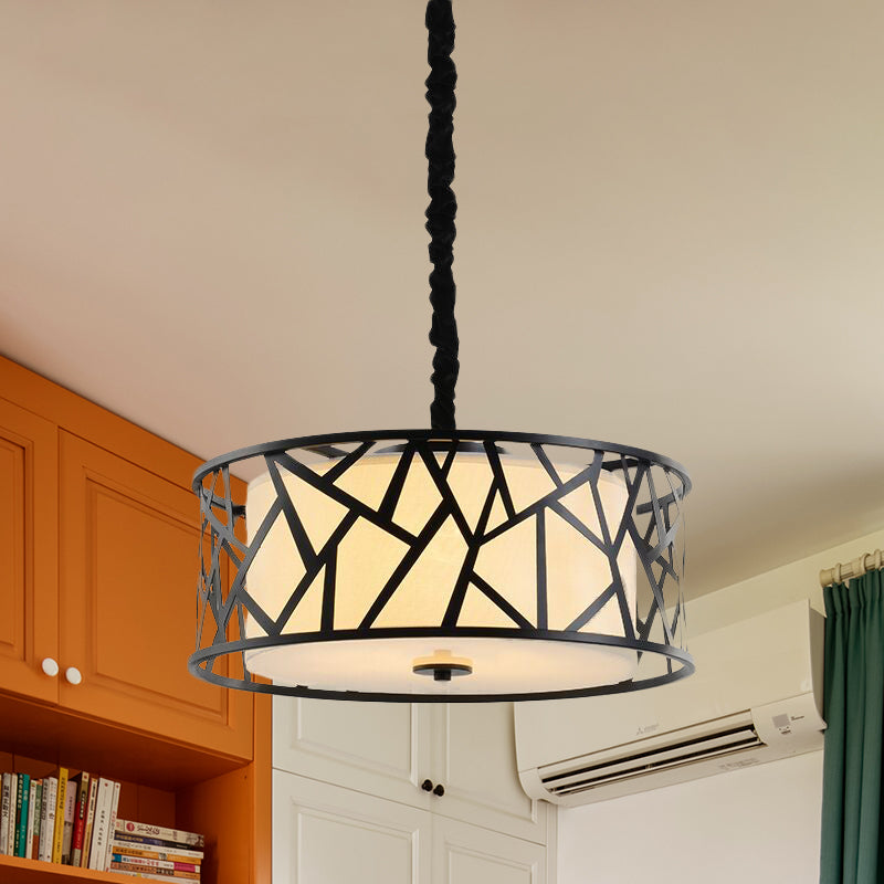 Éclairage pendentif tambour à cage en fer Vintage de 5 têtes de plafond de plafond en noir avec de l'ombre en tissu à l'intérieur