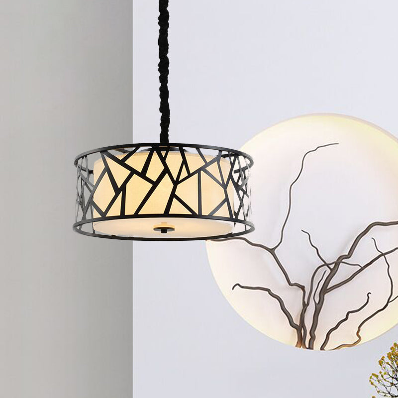 Iron Cage Drum Pendant Lighting Vintage 5-Head Dining Room Ceiling Light in Black with Fabric Shade Inside