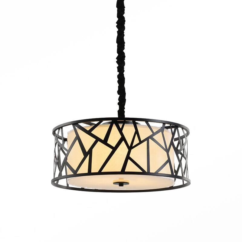 Éclairage pendentif tambour à cage en fer Vintage de 5 têtes de plafond de plafond en noir avec de l'ombre en tissu à l'intérieur