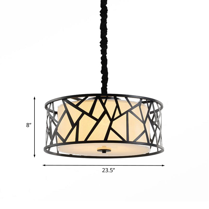 Iron Cage Drum Pendant Lighting Vintage 5-Head Dining Room Ceiling Light in Black with Fabric Shade Inside