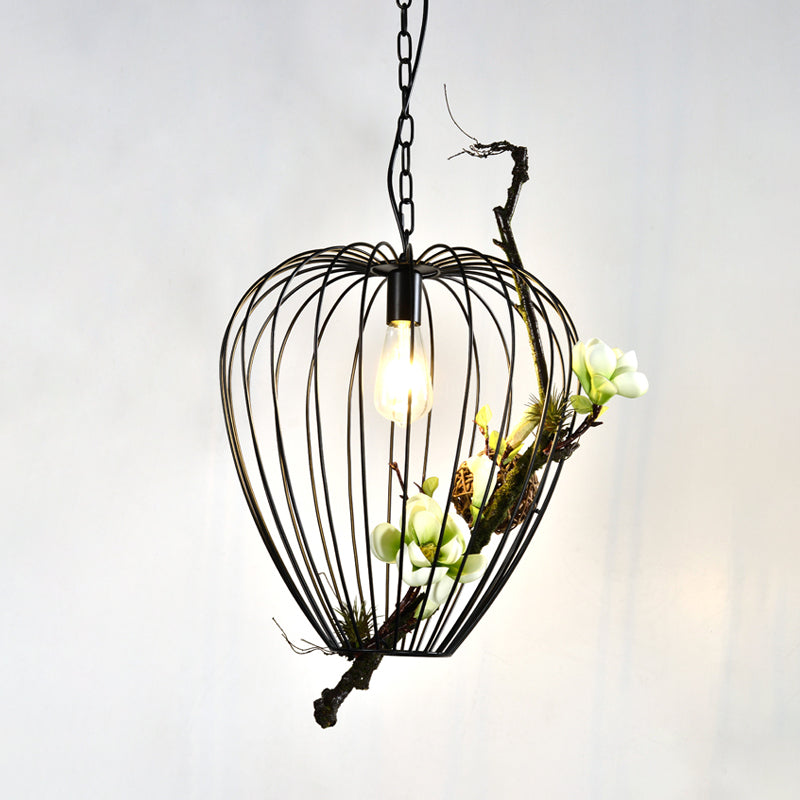 Birnenkäfig -Eisen -Suspensions -Lampe Vintage 1 Glühbirnenraum Blume Down Lighting Anhänger in Schwarz, 15 "/18" W.