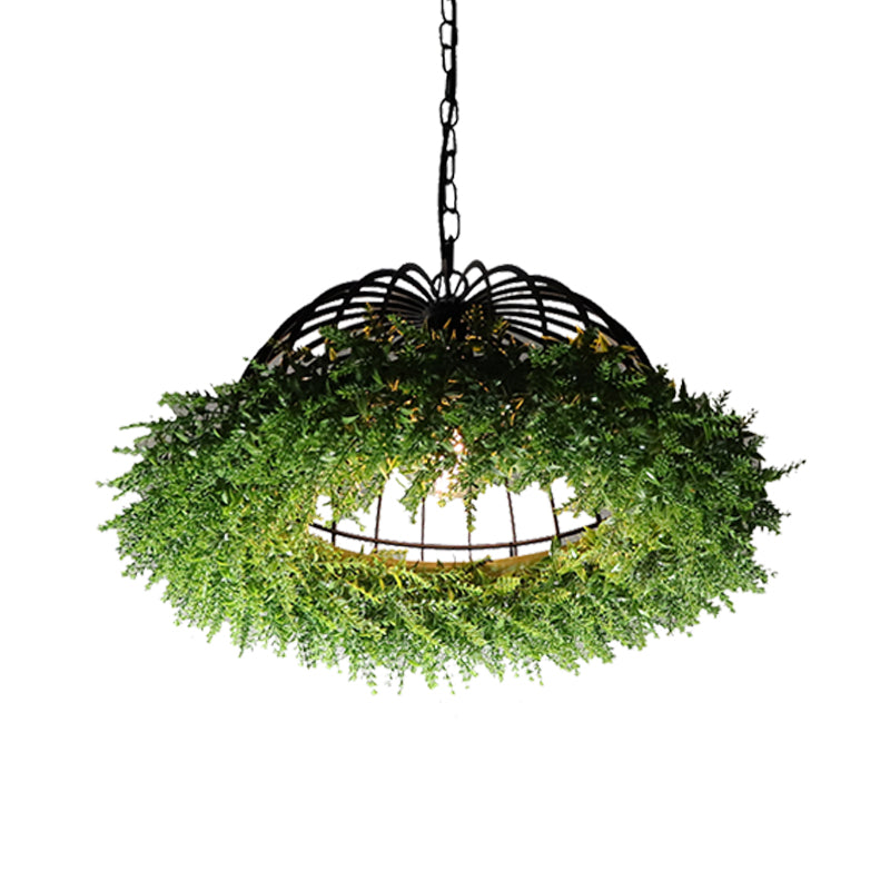 Purple/Green 1 Head Ceiling Pendant Antique Iron Bowl Cage Hanging Light Fixture with Plant Decoration