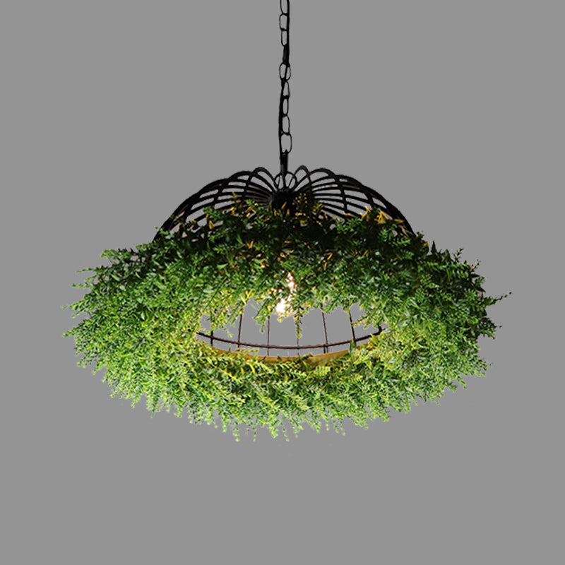 Purple/Green 1 Head Ceiling Pendant Antique Iron Bowl Cage Hanging Light Fixture with Plant Decoration