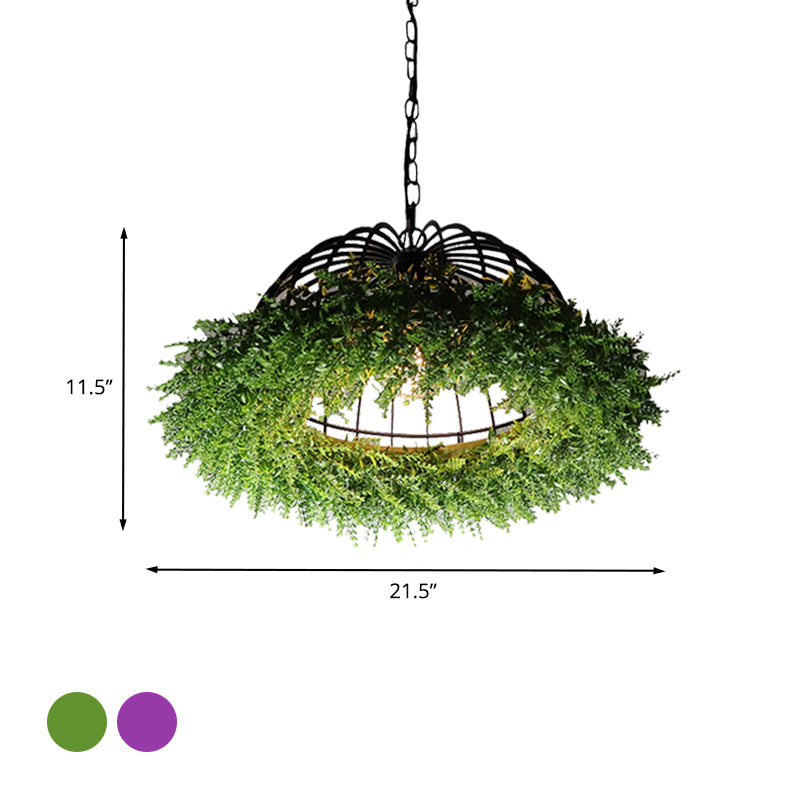 Purple/Green 1 Head Ceiling Pendant Antique Iron Bowl Cage Hanging Light Fixture with Plant Decoration