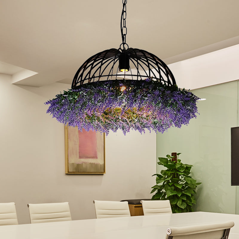 Purple/Green 1 Head Ceiling Pendant Antique Iron Bowl Cage Hanging Light Fixture with Plant Decoration