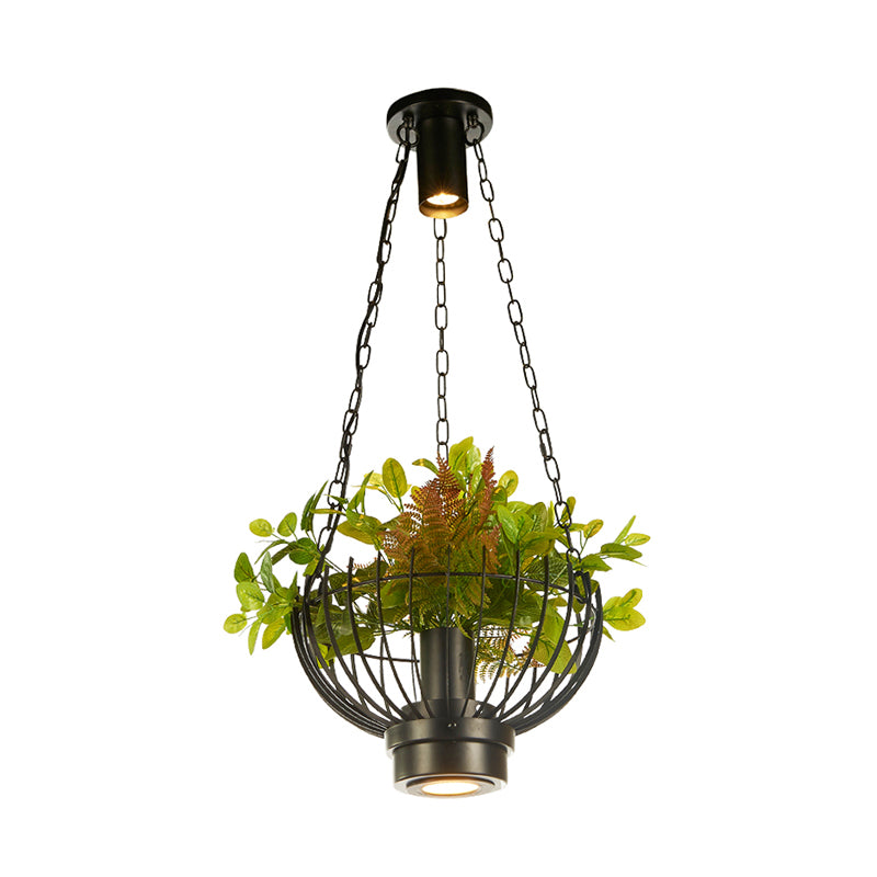 Bowl Cage Iron Pendant Lamp Farmhouse 1 Head Restaurant Hanging Light Fixture in Black with Plant