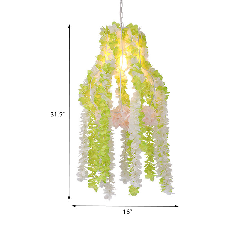 Industrieel kalebas Kooi plafondlicht 1 lamp IJzeren Pendant verlichtingsarmatuur in wit met kunstmatige bloem