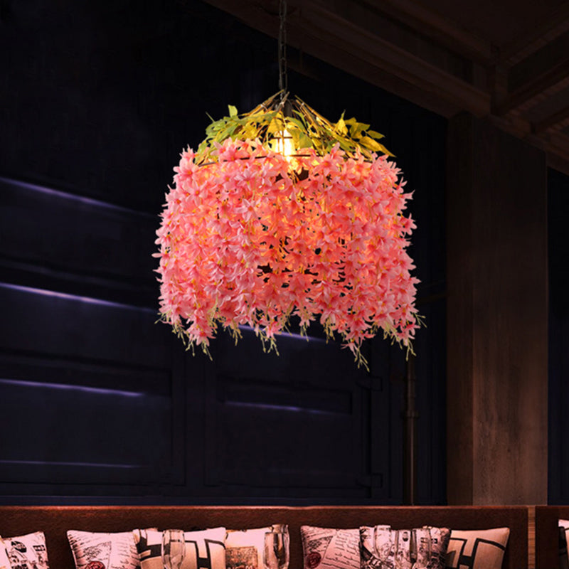 Pink 1 Head plafonnier Style Ferme Iron Bird Cage Pendant Lighting Ayémorrat avec fleur pour restaurant