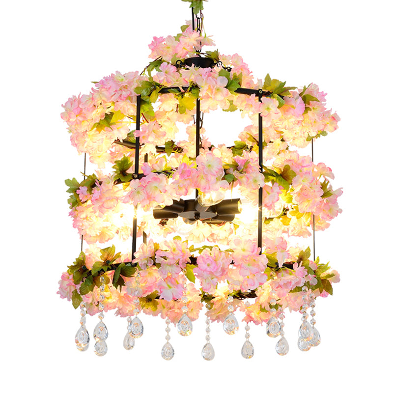 6 Bulbs Iron Chandelier Lighting Antique Black Cylindrical Cage Flower Suspension Light with Crystal Drop, 27.5"/39" H