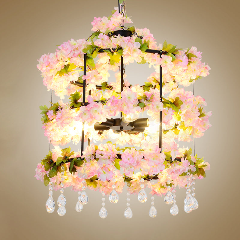 6 Bulbs Iron Chandelier Lighting Antique Black Cylindrical Cage Flower Suspension Light with Crystal Drop, 27.5"/39" H