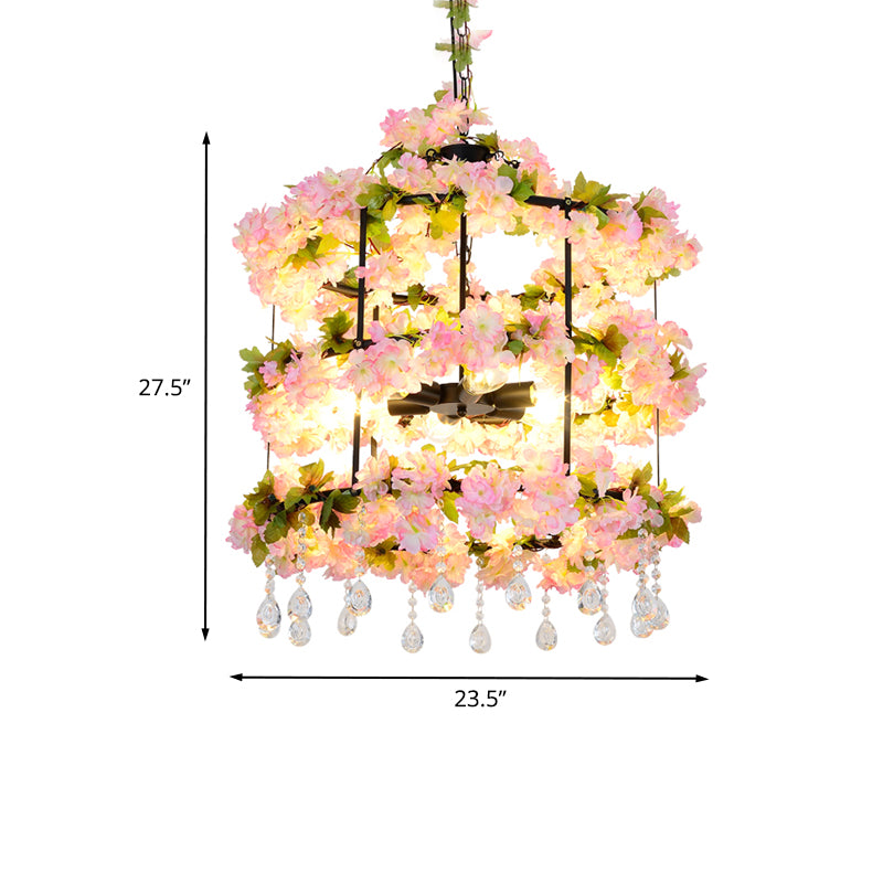 6 Bulbs Iron Chandelier Lighting Antique Black Cylindrical Cage Flower Suspension Light with Crystal Drop, 27.5"/39" H