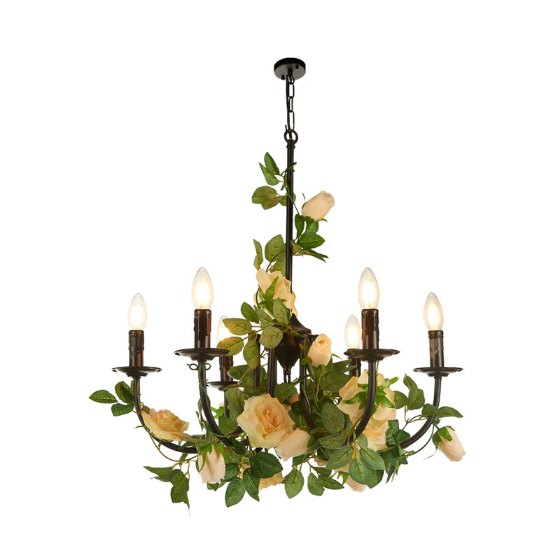 Factory Candlestick Chandelier Lamp 6 Heads Iron Pendant Light Fixture in Black with Rose Decor