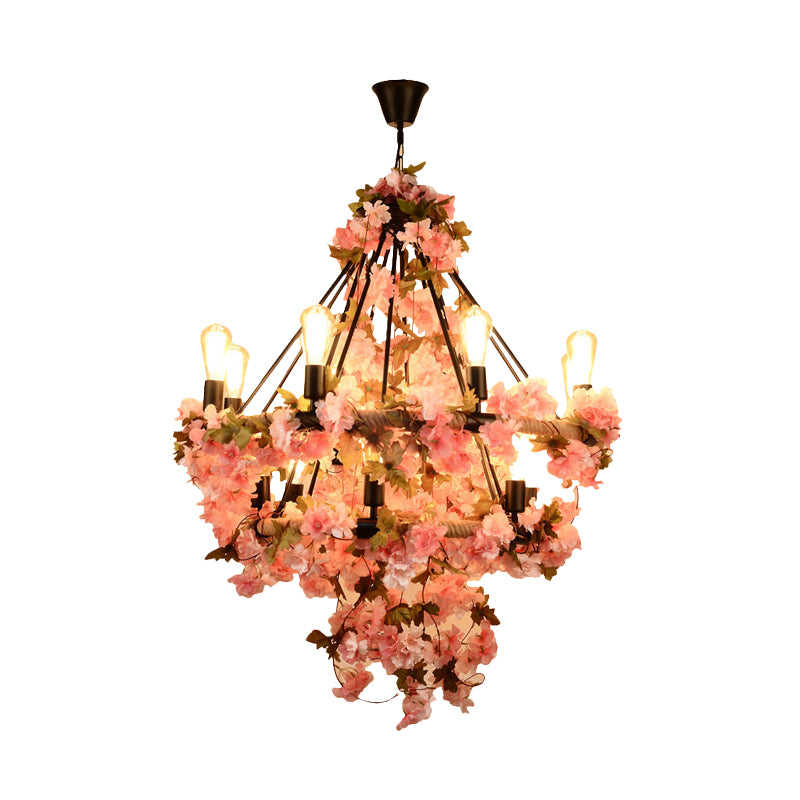 14-Bulb Chandelier Light Fixture Warehouse Bare Bulb Suspension Lamp in Black with Pink Flower and Rope