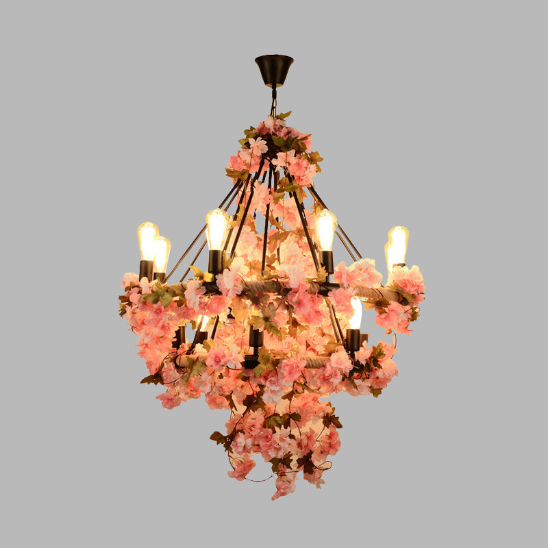 14-Bulb Chandelier Light Fixture Warehouse Bare Bulb Suspension Lamp in Black with Pink Flower and Rope