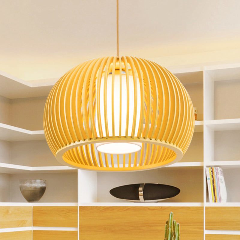 1 tête ouverte de cuisine Suspension Light Asie Pendant beige avec cage en bois de dôme, 14/18 pouces de large