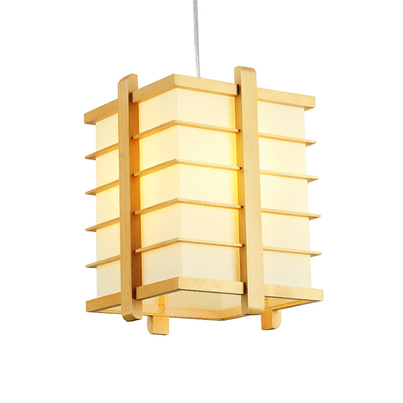 Wood Wire Cage Cuboid Pendant Lamp Japanese Single Ceiling Suspension Light in Beige