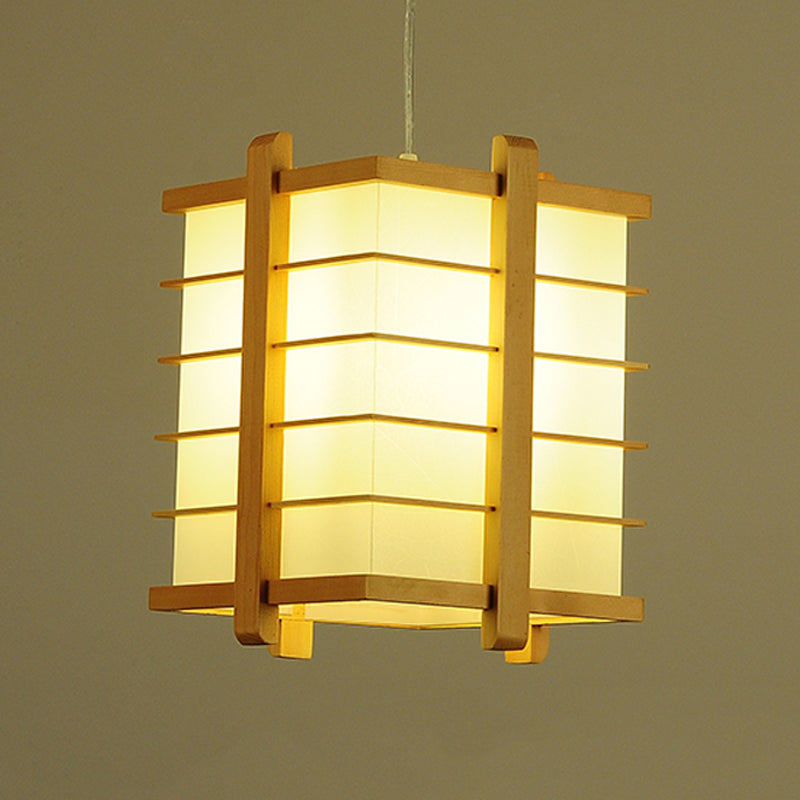 Wood Wire Cage Cuboid Pendant Lamp Japanese Single Ceiling Suspension Light in Beige