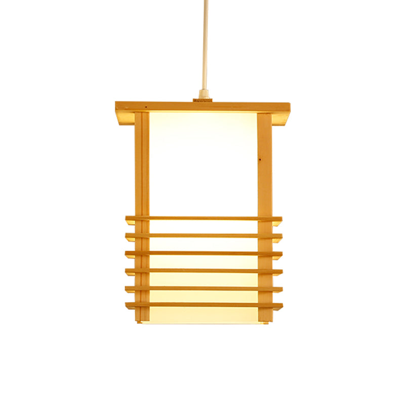 Pinewood Ceiling Hanging Lantern Japanese Style 1 Head Beige Pendant Light with Cage Guard for Restaurant