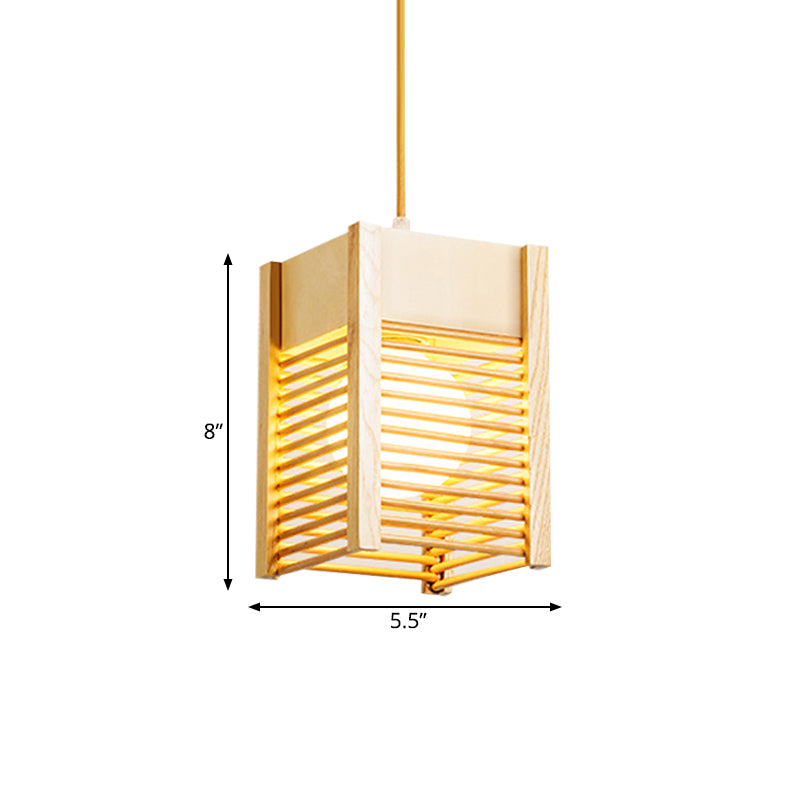 Cage Sushi House Suspension Light Wood 1 Light Japanese Style Drop Pendant in Beige