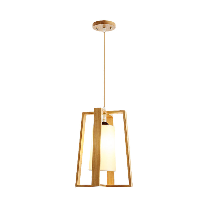 Cross Trapezoid Frame Pendant Asian Wooden 1-Light Dining Table Hanging Ceiling Light with Tapered Fabric Shade