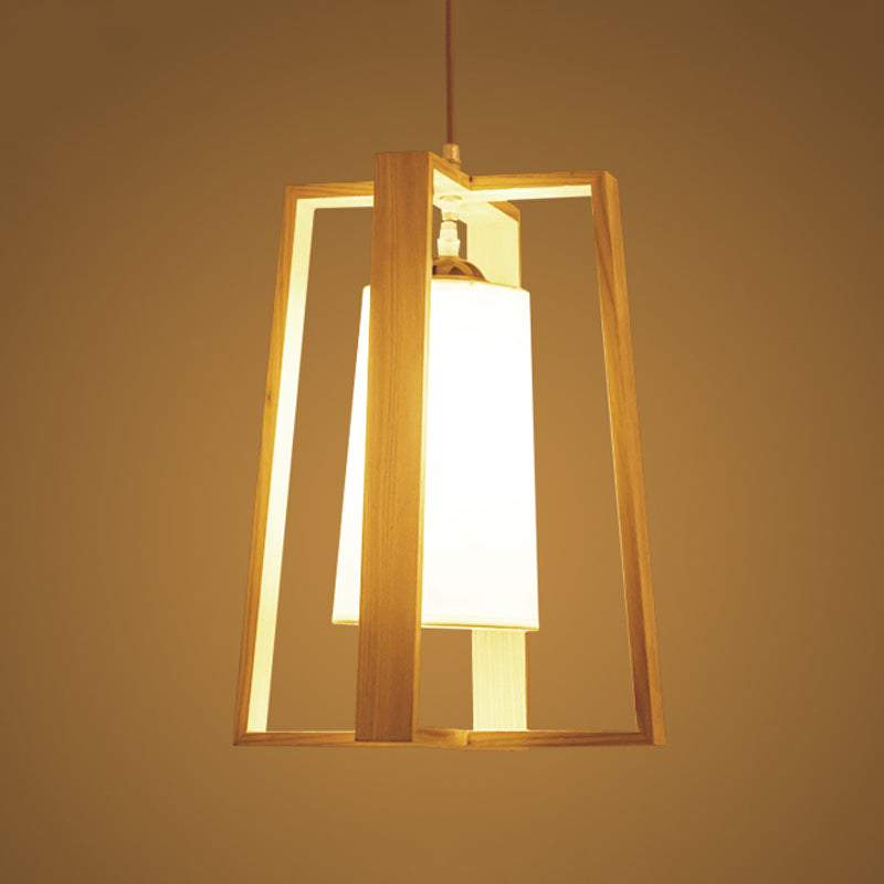 Cross Trapezoid Frame Pendant Asian Wooden 1-Light Dining Table Hanging Ceiling Light with Tapered Fabric Shade