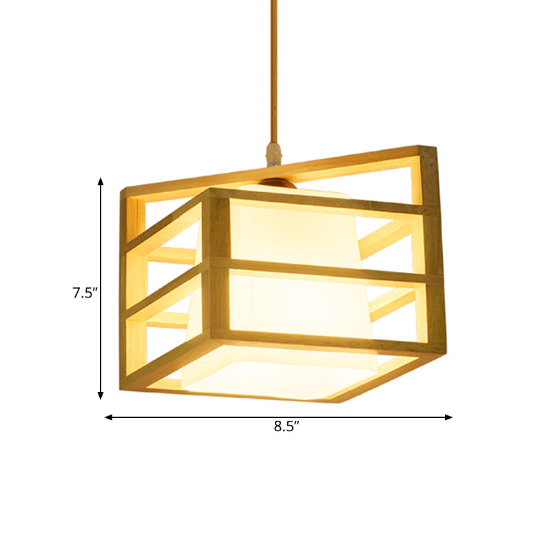 Rhombus Cage Kitchen Dinette a sospensione in legno 1 testa asiatico soffitto appeso con paralume in vetro smerigliato interno