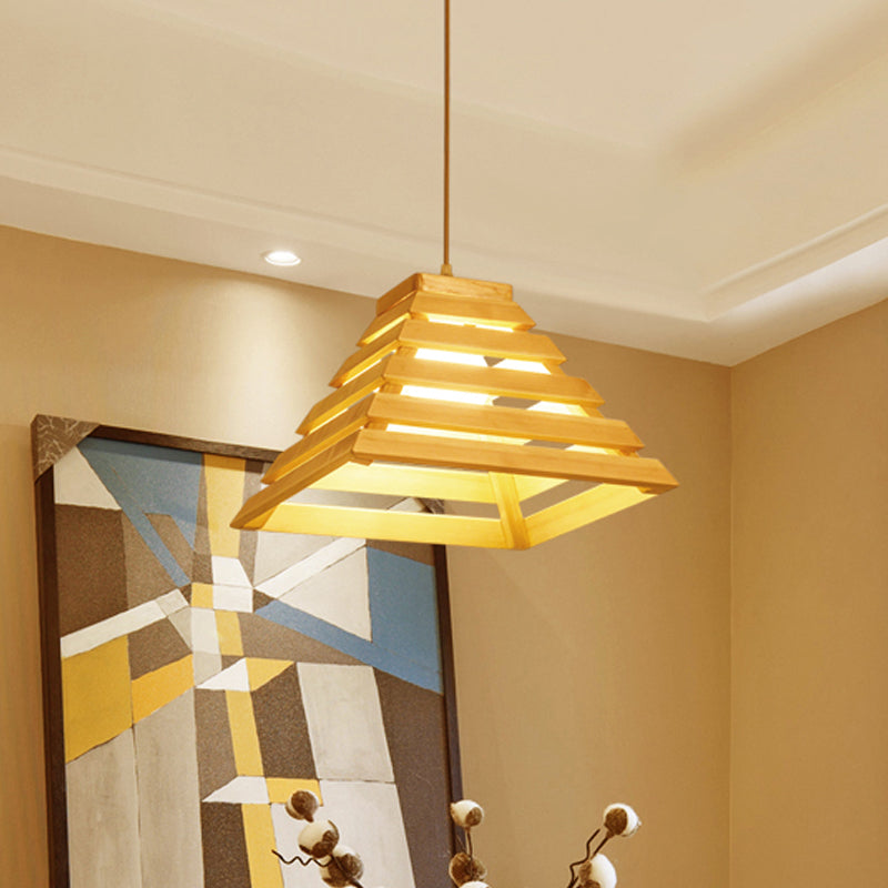 Pyramid Suspension Light Asias Wooden 1 Bulb Table Pendant Lighting With Cage Design in Beige