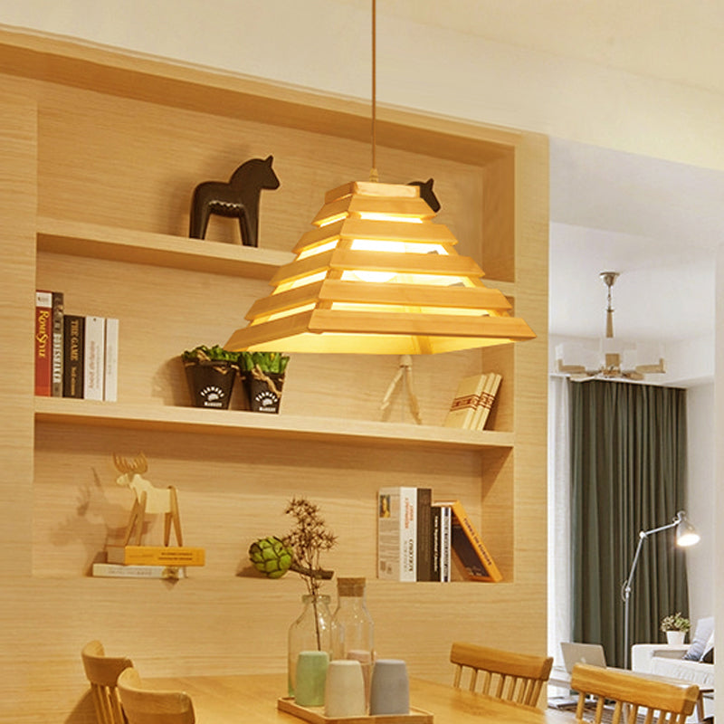 Pyramid Suspension Light Asias Wooden 1 Bulb Table Pendant Lighting With Cage Design in Beige