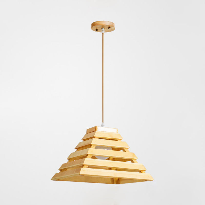 Pyramid Suspension Light Asias Wooden 1 Bulb Table Pendant Lighting With Cage Design in Beige