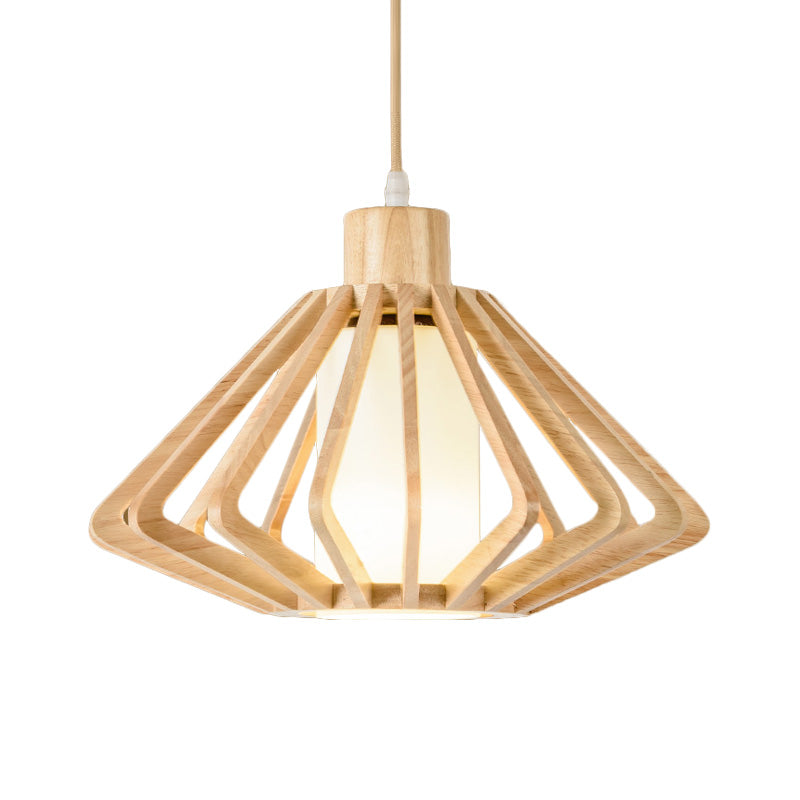 Diamond Cage Commercial Pendant Lighting Asian Wood 1 tête 14 "/ 18" LAPIR BEIGE DE LA LAGE AVEC AVEC DE PIELLE INTER