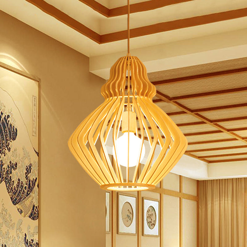 Bellied Basswood Ceiling Hanging Lantern Asian 1 Light Beige Pendant Light over Restaurant Table