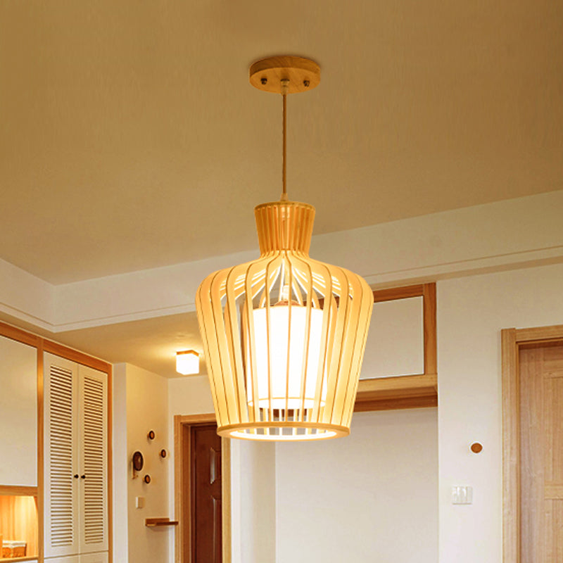 1-Light Dining Room Pendulum Light Japanese Beige Ceiling Pendant with Jug Wood Cage