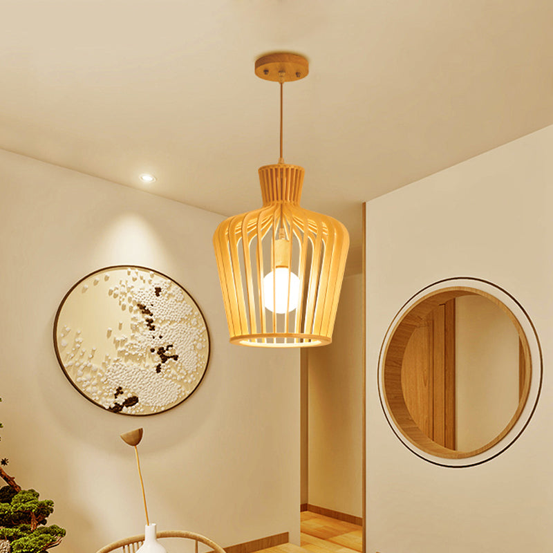 1-Light Dining Room Pendulum Light Japanese Beige Ceiling Pendant with Jug Wood Cage