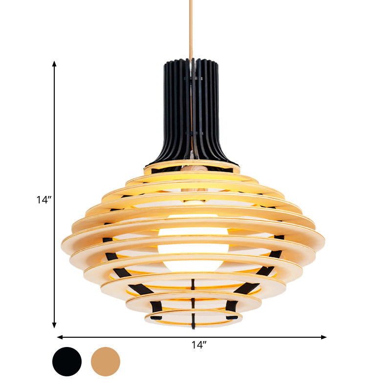 Asia Bulbe Single Pendule Light Black / Beige Vin Bot en forme de lampe suspendue en forme de cage en bois