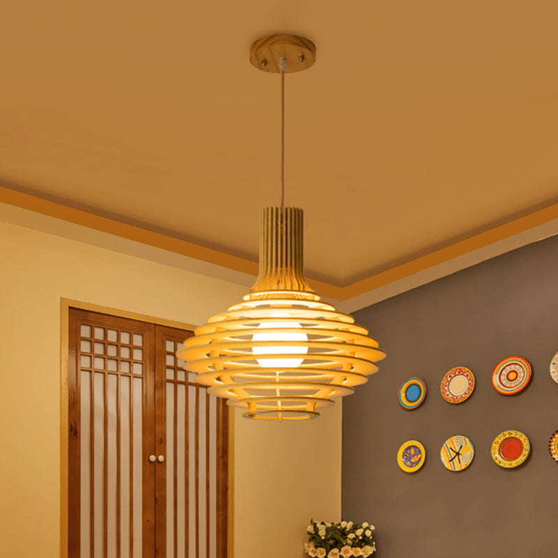 Asia Bulbe Single Pendule Light Black / Beige Vin Bot en forme de lampe suspendue en forme de cage en bois