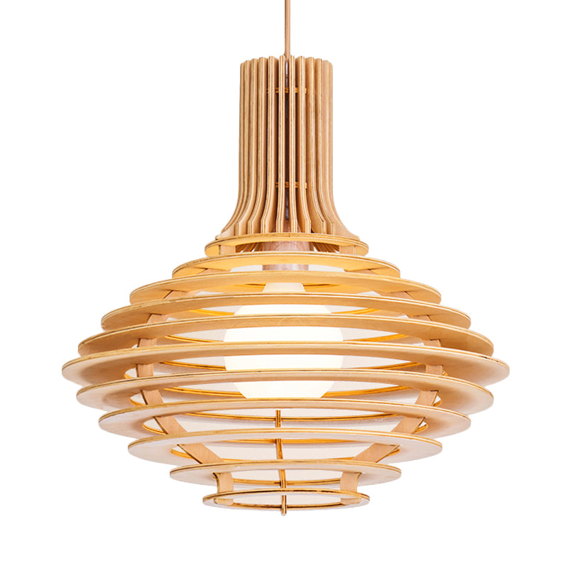 Asia Bulbe Single Pendule Light Black / Beige Vin Bot en forme de lampe suspendue en forme de cage en bois