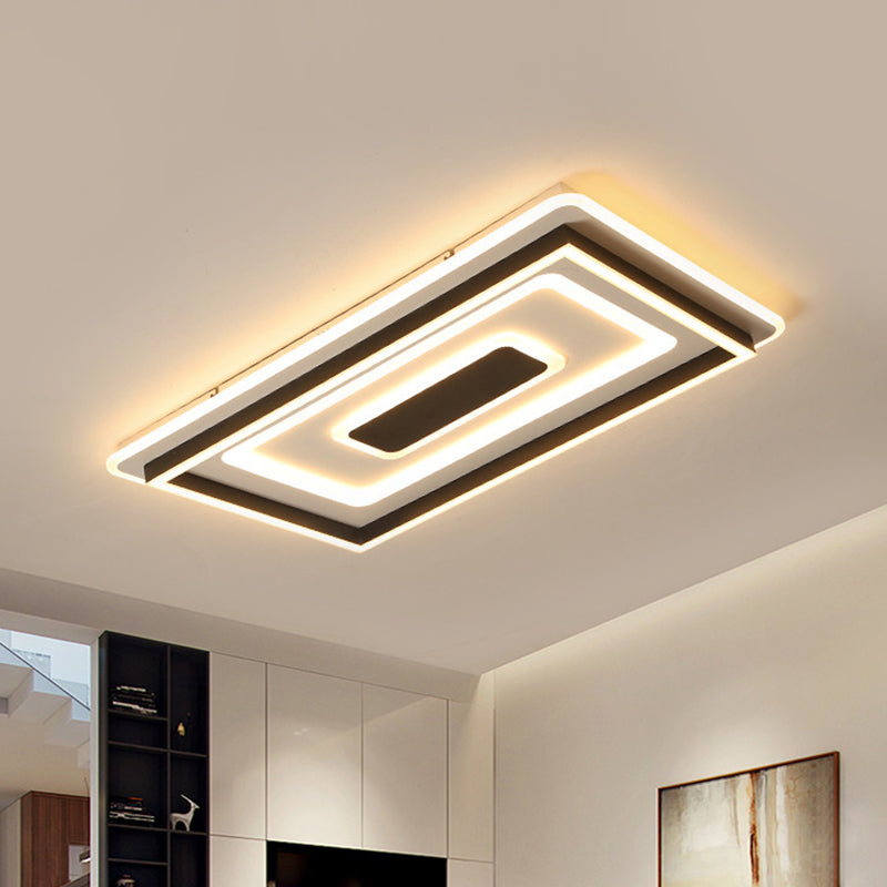 Tiered Rechthoek Dunne Led Plafond Lamp Modernist Sitting Room Flush-Mount Light Fixture in Zwart, Warm/Wit Licht