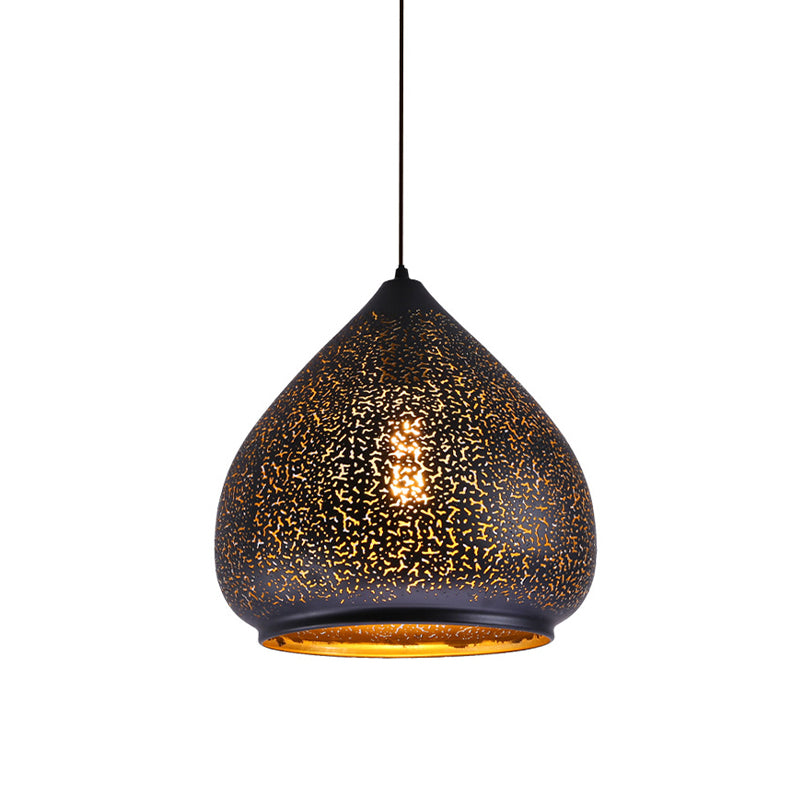 Teardrop Hollowed Out Iron Hanging Lamp Retro 1 Bulb Dining Table Pendant Light Fixture in Black, 8"/12" Width