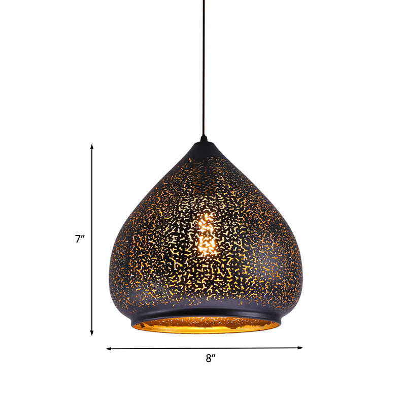 Teardrop Hollowed Out Iron Hanging Lamp Retro 1 Bulb Dining Table Pendant Light Fixture in Black, 8"/12" Width