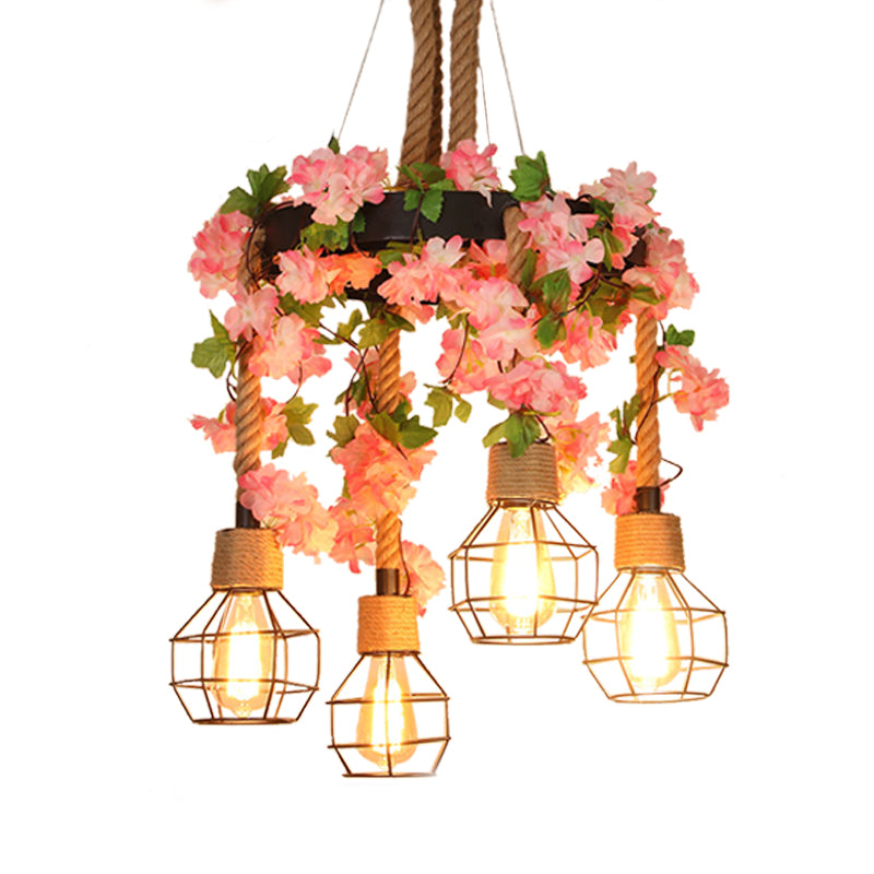 4/8 Lights Orb Cage Pendant Chandelier Retro Black Hemp Rope Ceiling Hang Fixture with Flower Decoration